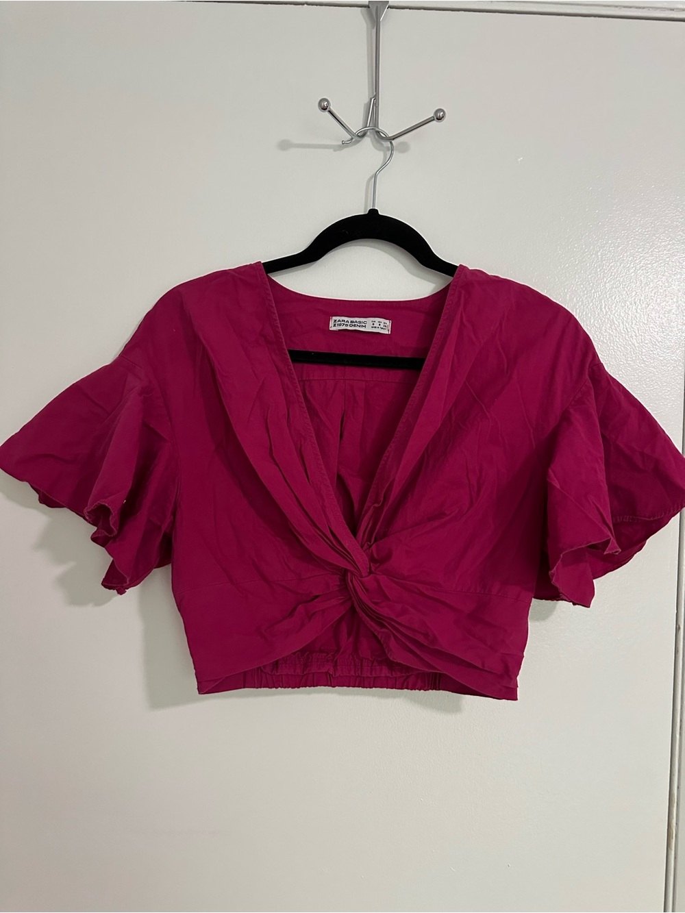 Zara Fuchsia Knot-Front Flutter Sleeve Crop Top